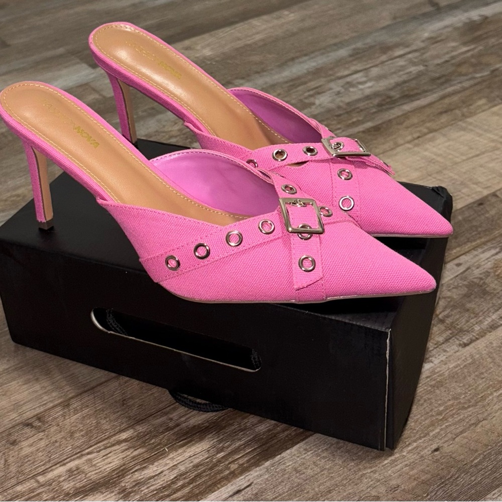 Fashion Nova Caprice Pink Denim Mule Heels size 11